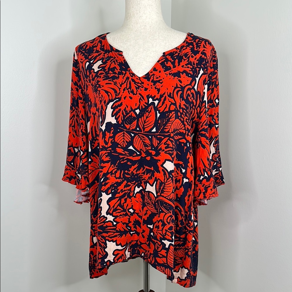 John Mark Red White & Blue Floral Bell Sleeve Tunic